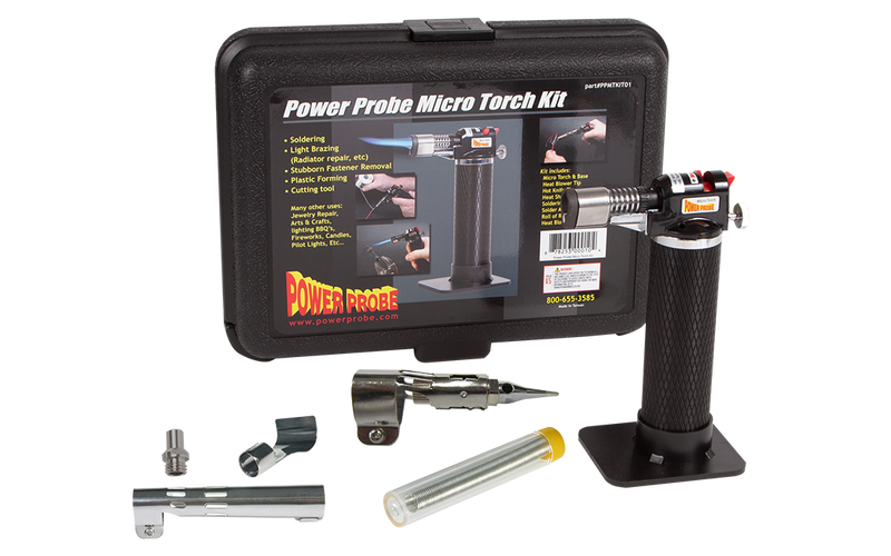The Power Probe Micro Torch Kit is both versatile and powerful. Perfect for Automotive or Home use. Features an electronic ignition, and a flame adjustment from 1/2″ to 2 1/2″. Easily refillable with butane and will last up to 2 hours between refills. Inc