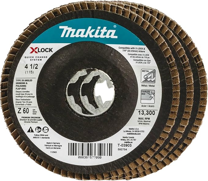 Makita T-03903-3 X-Lock 4 1 2" 60 Grit Type 29 Angled Grinding and Polishing Flap Disc X-Lock and All 7 8" Arbor Grinders, 3 pk