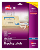 Avery® Shipping Labels, Permanent Adhesive, Clear, 8-1/2" x 11", 10 Labels (18665)
