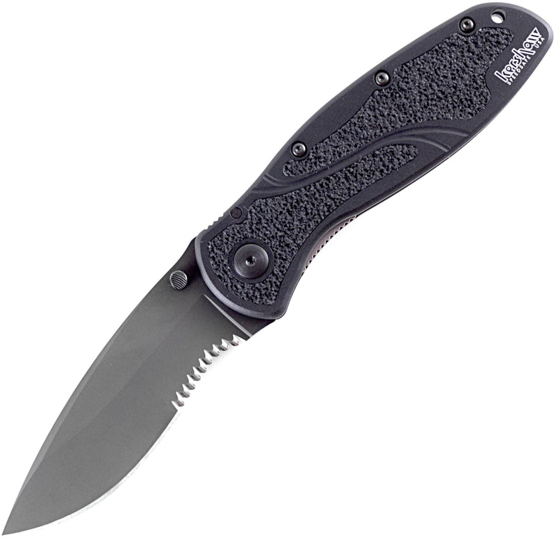 Kershaw Blur,Black Serrated(1670BLKST); Folding Knife with All-Black Body,Partially Serrated 3.4¡± 14C28N Steel Blade,Anodized Aluminum Handle with Trac-Tec Grip,Reversible Pock lip; 3.9OZ