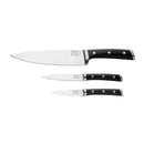 A comfortable, contoured grip and balanced construction make these three knives—for chopping, paring and cutting—among a cook’s most-used. Triple rivets secure the polymer handles to full-tang, high-carbon, stainless-steel blades, with bolsters for safer