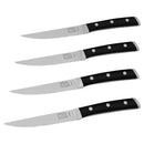 A contoured grip and balanced construction make our four steak knives—serrated for easier cutting and slicing—comfortable to use. Triple rivets secure the polymer handles to full-tang, high-carbon, stainless-steel blades, with bolsters for safer handling.