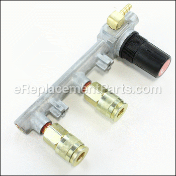 This is a genuine manufacturer supplied pressure regulator for Porter Cable Air Compressors. This part adjusts the pressure of the air coming from the tank to the desired level. Includes Regulator Body, Two (2) Brass Quick Connect Fittings, One (1) Elbow