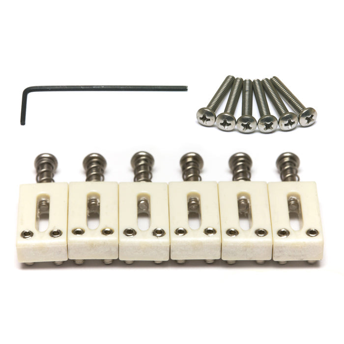 The PQ-8000-00 is a perfect upgrade or replacement set of saddles for your Strat or Tele style guitar. They have a center intonation screw and a 2 1/16" string spacing.

Included with the set is an extra set of slightly longer intonation screws to be used