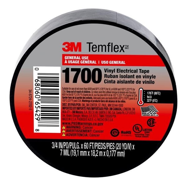 WL01 1PC Scotch 3M Temflex 3/4 in. W X 60 ft. L Black Vinyl Electrical Tape