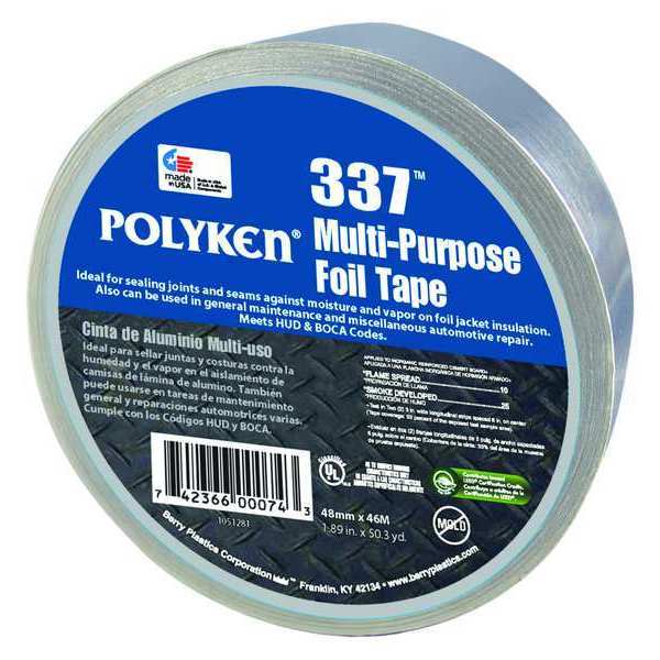 WL01 1PC Polyken Foil Tape, Rubber Adhesive, 48mm W, Silver