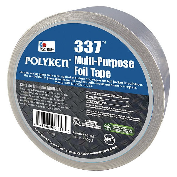 WL01 1PC Polyken Foil Tape, Rubber Adhesive, 72mm W, Silver